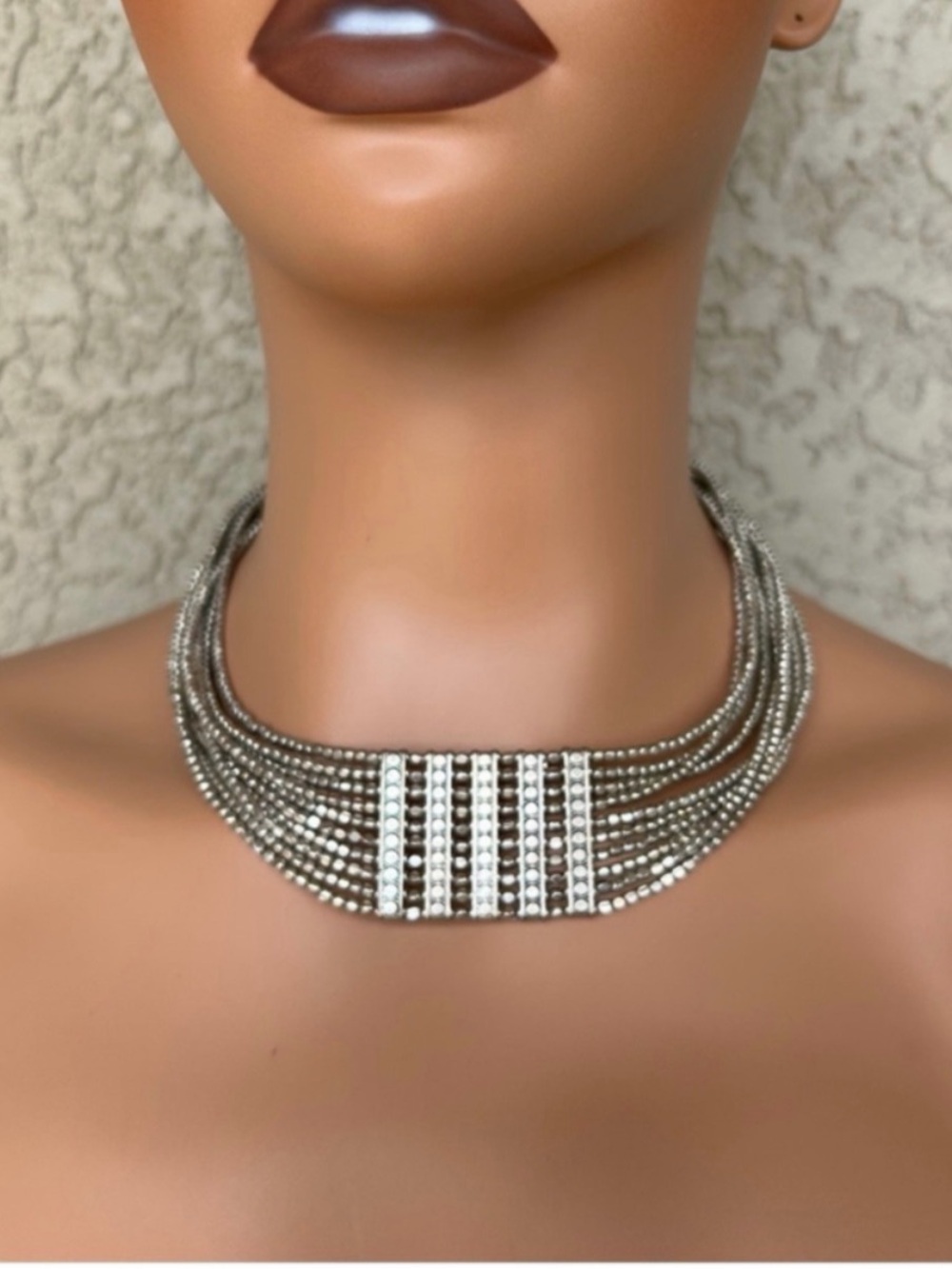 Chico’s Silver Beaded Mesh Statement Necklace